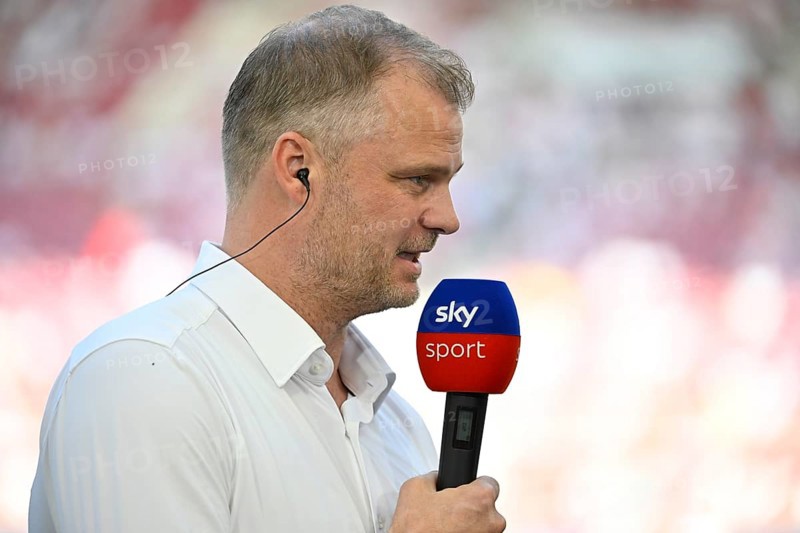Interview with Chief Sports Officer Fabian Wohlgemuth VfB Stuttgart, Microphone, Micro, Logo, SKY, MHPArena, MHP Arena Stuttgart, Baden-Württemberg, Germany, Europe