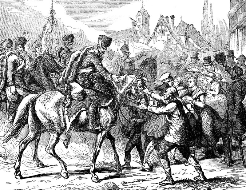 Return of the brave and victorious soldiers from the Battle of Waterloo 1815, joy, relief, reception, reunion, cityscape, band, music, horsemen, standard, woman, Prussia, historical illustration 1882
