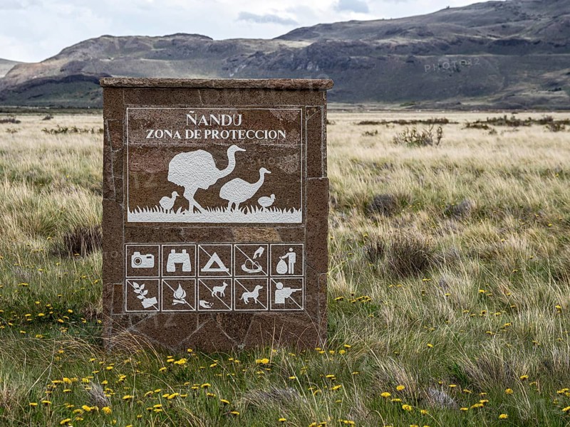 Information sign showing nandu protection zone, valley Valle Chacabuco, Park Patagonia, Patagonia, Chile, South America
