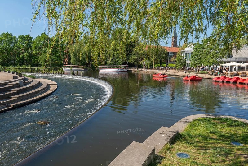 Odense, boat hire at Munke Mose Park, Odense River, restaurant, café, water features, Fyn, Fyn Island, Denmark, Europe