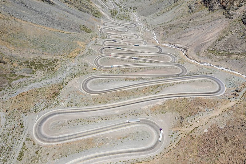 Mountain pass Los Caracoles, The Snails, road connecting Chile and Argentina, aerial view, Chile, South America
