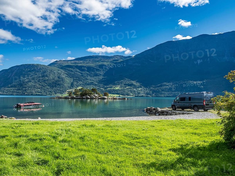 Campervan at the Sognefjord, island in the back, summer, Norway, Europe