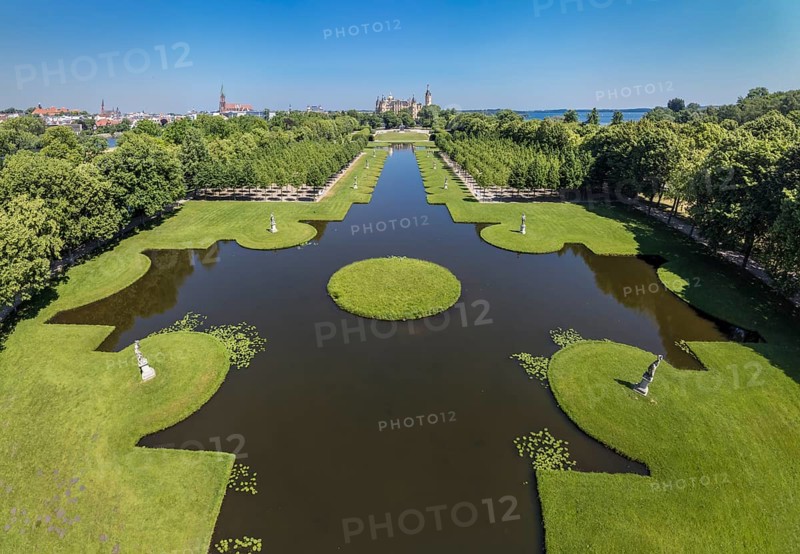 Panorama aerial view of castle Schwerin and castle grounds, Schwerin, Germany, Europe