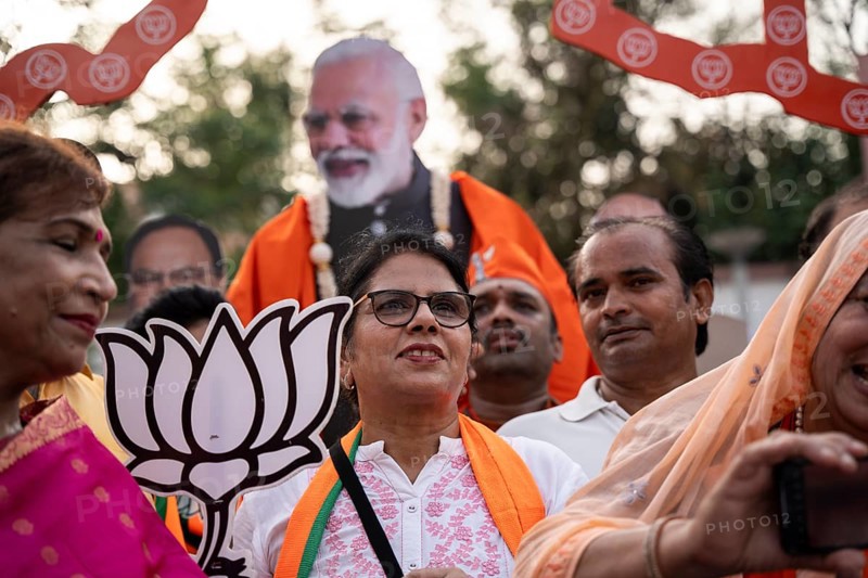 New Delhi, India, 4 June 2024. Bharatiya Janata Party (BJP) supporters celebrate as India's Prime Minister Narendra Modi being won the general elections for third time, in Delhi, Asia