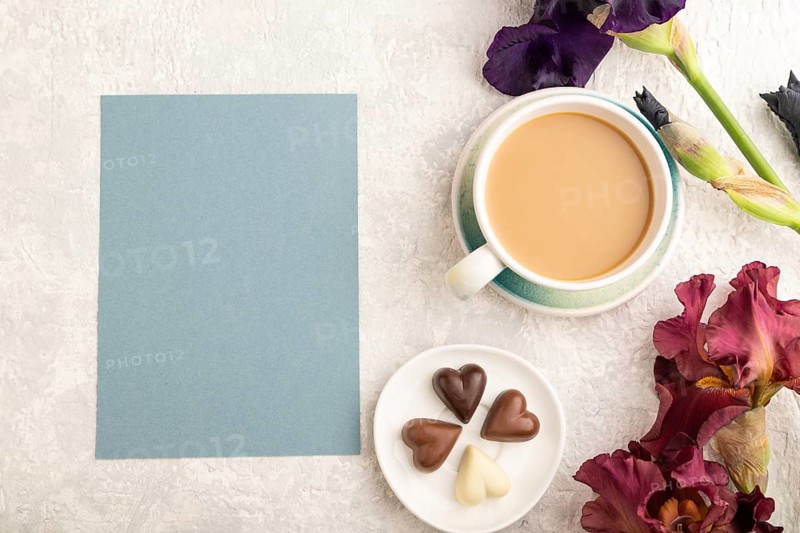 Blue paper sheet with cup of cioffee, chocolate candies, purple and burgundy iris flowers on gray concrete background. top view, flat lay, copy space, still life. Breakfast, morning, spring concept