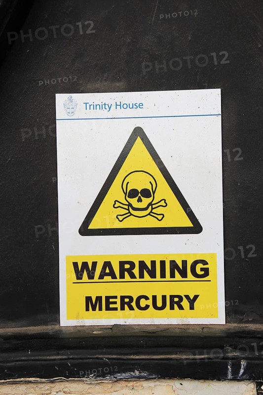 Orford Ness lighthouse Open Day, September 2017, Suffolk, England, UK, warning mercury sign