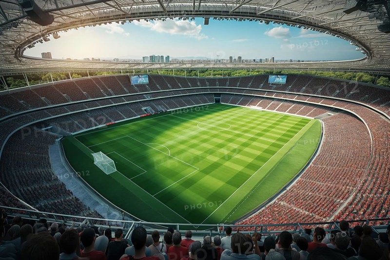 A soccer field with a large crowd of people spectators fans watching the game view. The stadium is lit up with bright flood spotlights ready for a match game, AI generated