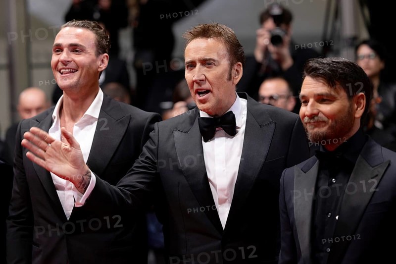 Cannes, France, 17.5.2024: Alexander Bertrand, Nicolas Cage, Justin Rosniak at the premiere of The Surfer on the red carpet of the Palais des Festivals during the 77th Cannes International Film Festival. The 77th Cannes International Film Festival will take place from 14 to 25 May 2024, Europe