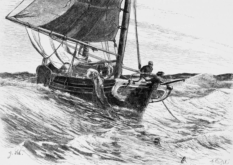 Fisherman Ewer, North Sea, East Frisia, Lower Saxony, one-master, flat-bottomed ship, occupation, hauling in net, high swell, spray, Germany, historical illustration 1880, Europe