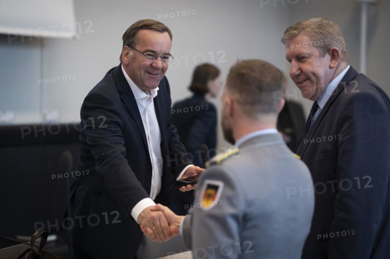 Boris Pistorius (SPD), Federal Minister of Defence greets a soldier, taken during the SPD parliamentary group meeting in Berlin, 12.03.2024
