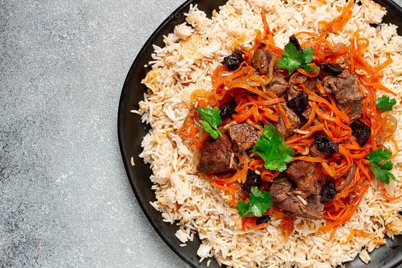 Kabuli pulao, pilaf, the national dish of Afghanistan, rice with meat, homemade, no people