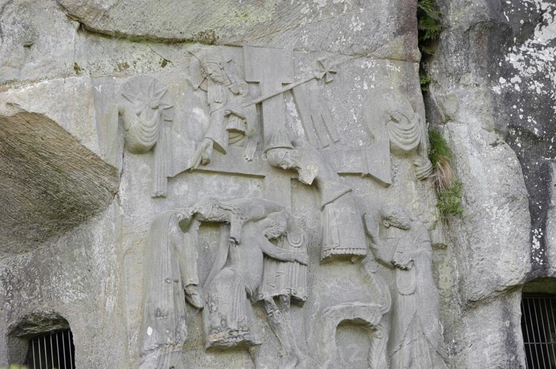 Cross relief, Externsteine, Teutoburg Forest, Horn-Bad Meinberg, North Rhine-Westphalia, Germany, Europe