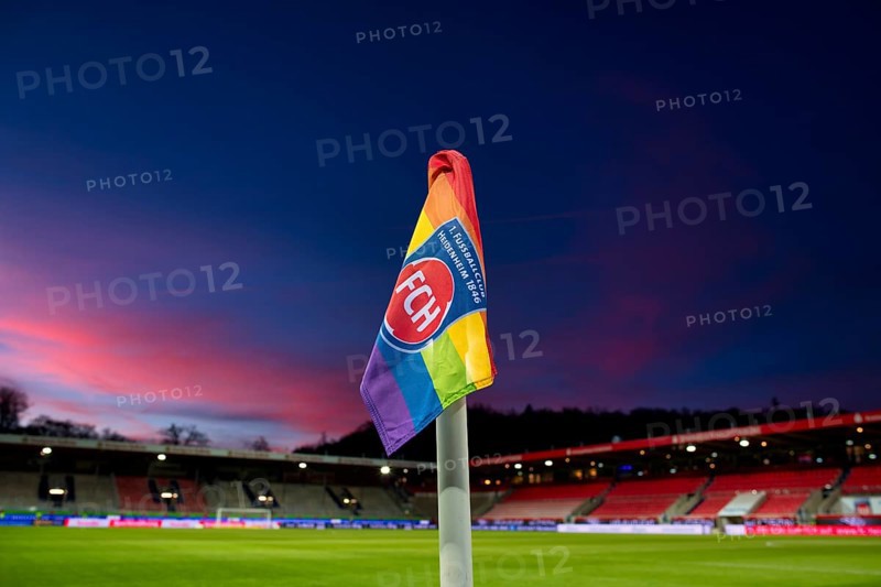 Stadium, interior, logo, 1. FC Heidenheim 1846, corner flag in LGBT colours Lesbian, Gay, Bisexual, Transgender, lesbian, gay, bisexual, transgender, evening sky, sunset, dramatic, Voith-Arena, Heidenheim, Baden-Württemberg, Germany, Europe