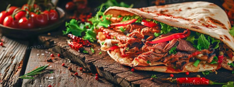 Fresh tasty beef burger wrap with onion, cheese and vegetables. Junk food and fast food concept, AI generated