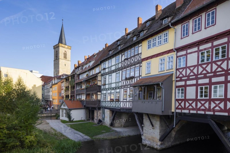 The Krämerbrücke is the oldest secular building in Erfurt and is one of the city's most famous landmarks, with half-timbered houses on both sides of the bridge. It is the longest bridge in Europe with houses on both sides, Erfurt, Thuringia, Germany, Europe
