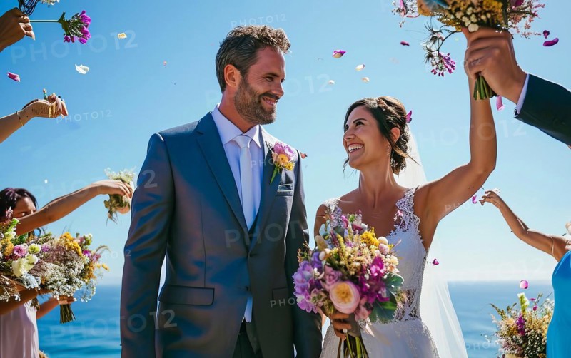 Outdoors luxury wedding and honeymoon time with bride and groom on the scenic beach ceremony, AI generated