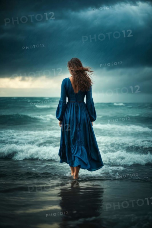 A depressed lonely woman is standing on an ocean shore wearing a blue dress, AI generated