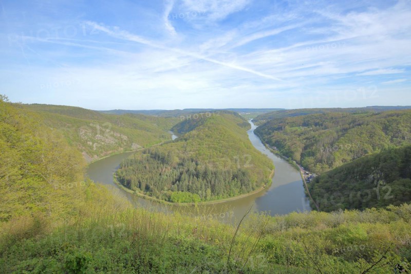 Saarschleife, landscape with Hunsrück and Saar, river bend, river bend, tourist attraction, view from above, aerial view, Mettlach, Saarland, Germany, Europe
