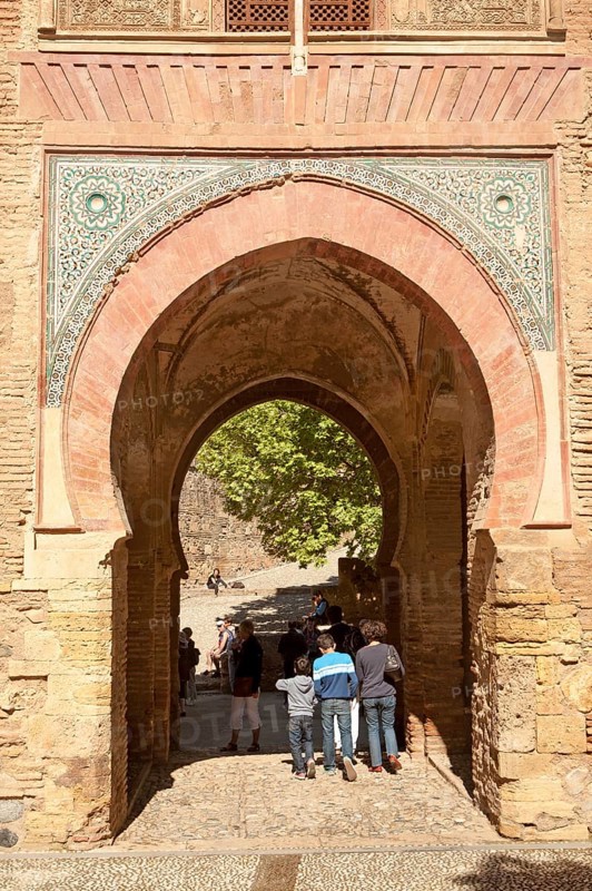 Moorish architecture of the Puerta del Vino archway, Alhambra complex, Granada, Spain, Europe