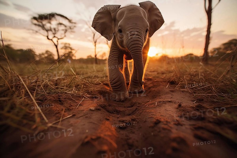 Baby elephant walking majestically against the backdrop of a golden sunset, AI generated