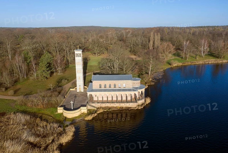 Aerial view of the Sacrower Heilandskirche in the Potsdam district of Sacrow, 10.12.2019