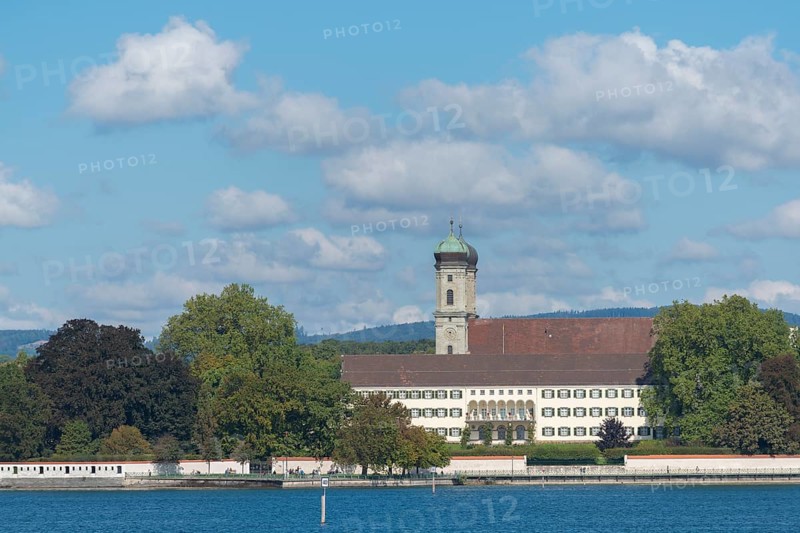 Baroque castle church with double tower, onion dome, park, Friedrichshafen on Lake Constance, Baden-Württemberg, Germany, Europe