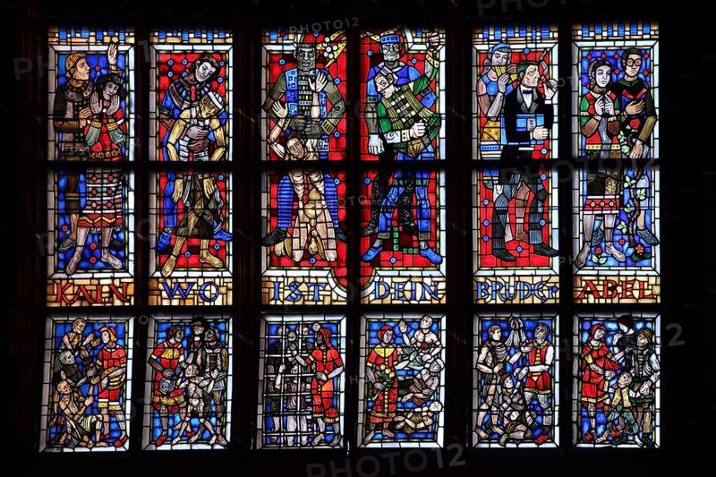 Colourful stained glass window with inscription Cain where is your brother Abel, Genesis 4, 9, bible quotation, bible passage, first, Moses, fratricide, question, sin, biblical, black, blue, red, silhouette, stained glass, arts and crafts, Katharinenkirche, Oppenheim, Rhine-Hesse region, Rhineland-Palatinate, Germany, Europe