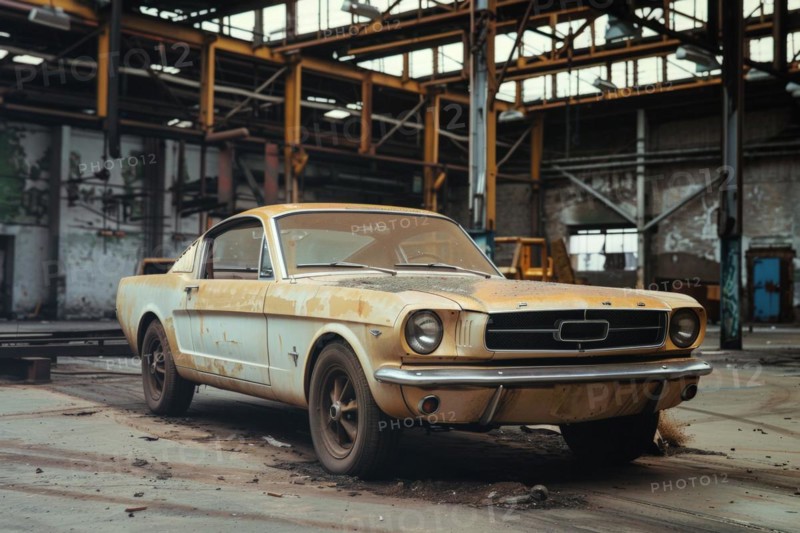 An old, weathered and dusty US-American classic car, wreck, of the type Ford Mustang from the 60s stands in an old factory hall, symbolic image for restoration, repair, restoration of historical cultural assets, AI generated, AI generated, AI generated