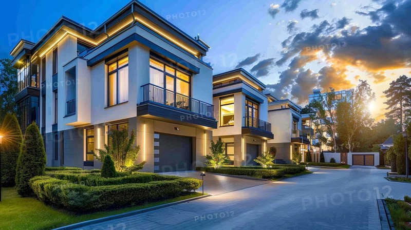 Luxury modern condo apartment complex exterior in upscale expensive neighborhood, AI generated