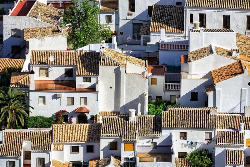 Whitewashed houses, view from above on rooftops, Route of the White Villages, Zuheros, Province of Cordoba, Cordoba, Andalusia, Spain, Europe