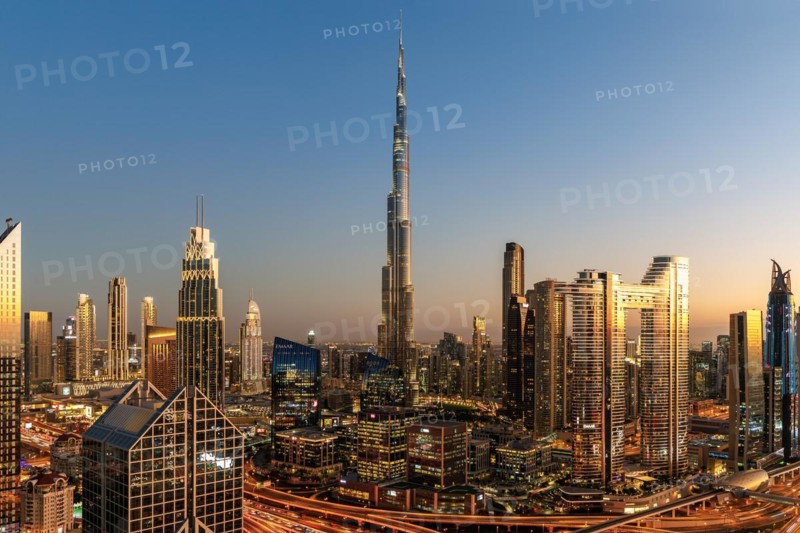 Burj Khalifa skyline tallest building in the world from above in Downtown at night in Dubai, United Arab Emirates, Asia