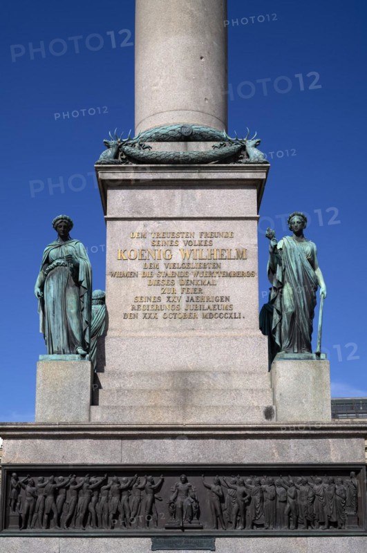 Allegorical figures, statues of female figures by Theodor Wagner, inscription, relief, historical sculpture, Jubilee Column, Schlossplatz, Stuttgart, Baden-Württemberg, Germany, Europe