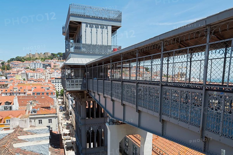 Detailed view of the Elevador de Santa Justa and view of Lisbon, passenger lift, Elevador de Santa Justa, Elevador do Carmo, connects Baixa district with Chiado district, Lisbon, Lisboa, Portugal, Europe