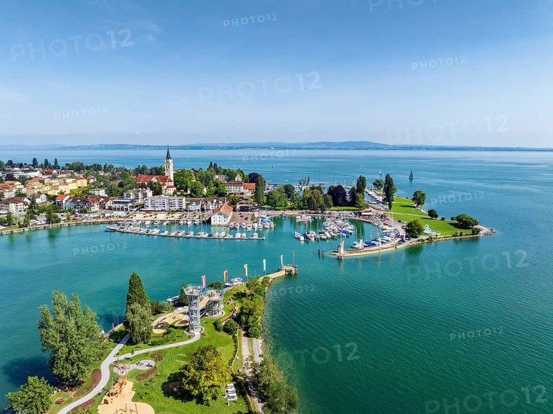 Harbour area, ferry port, yacht harbour, marina of Romanshorn with adventure playground on the bunker meadow, opposite the Seepark, aerial view, Lake Constance, Canton Thurgau, Switzerland, Europe