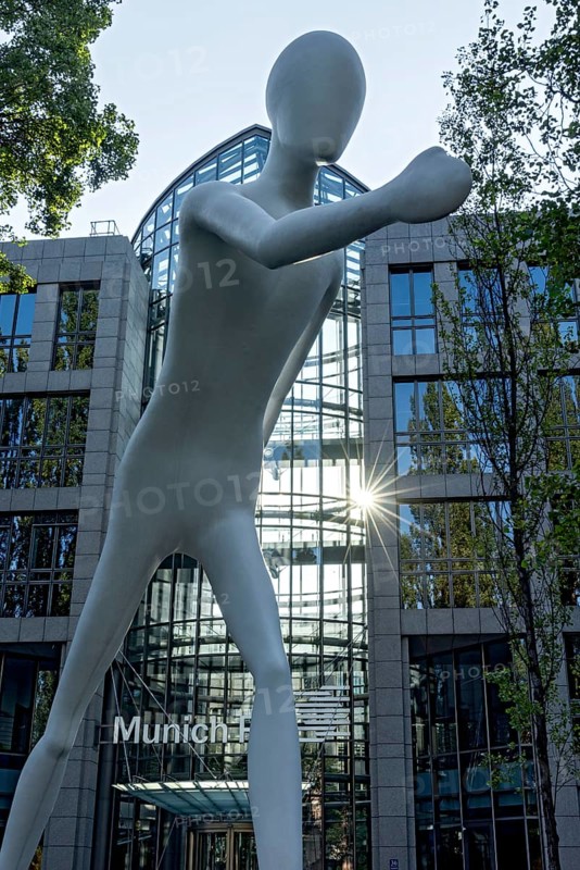 Walking Man, monumental sculpture by Jonathan Borofsky made of steel and plastic, pedestrian, walking man, human being, Munich RE insurance company, Munich Re, Leopoldstrasse, Schwabing, Munich, Upper Bavaria, Bavaria, Germany, Europe