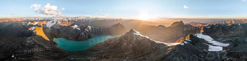 Evening mood, mountain panorama, aerial view, 4000 metre peak with glacier, mountain pass and mountain lake Ala-Kul Lake, Tien Shan, Kyrgyzstan, Asia