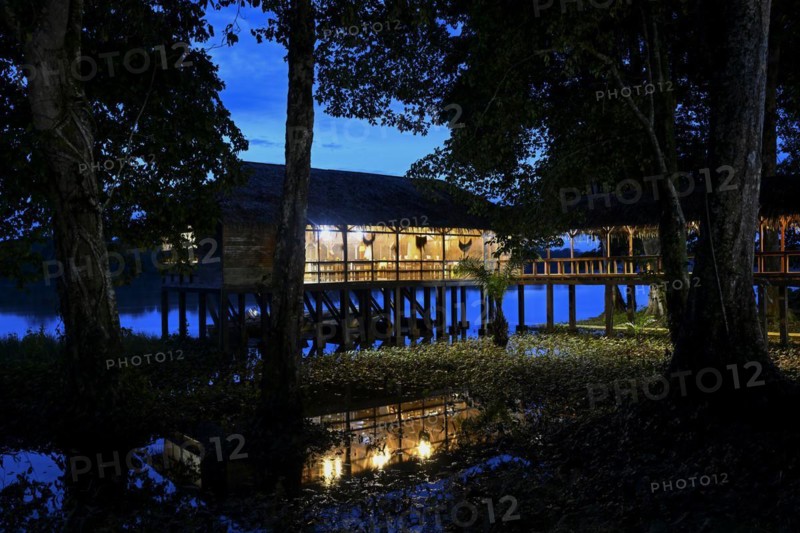 Restaurant at Doli Lodge on the Sangha River, blue hour, Bayanga, Sangha-Mbaéré Prefecture, Central African Republic, Africa