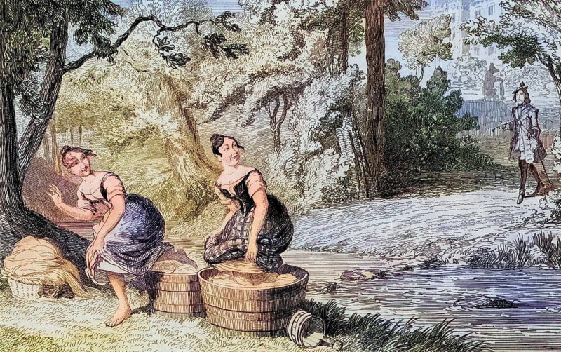 Washerwomen disturbed by Waverley, engraving by George Cruikshank from 1842 with a scene from Sir Walter Scott's novel Waverley, Historical, digitally restored reproduction from a 19th century original, Record date not stated