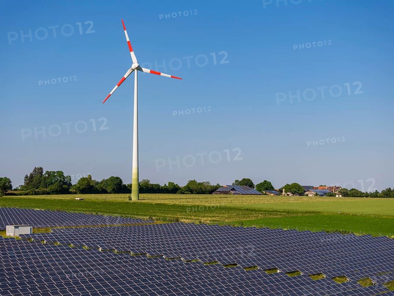 PV system in the solar park, wind turbine on the Swabian Alb. Neuselhalden wind farm near Steinheim am Albuch, Baden-Württemberg, Germany, Europe