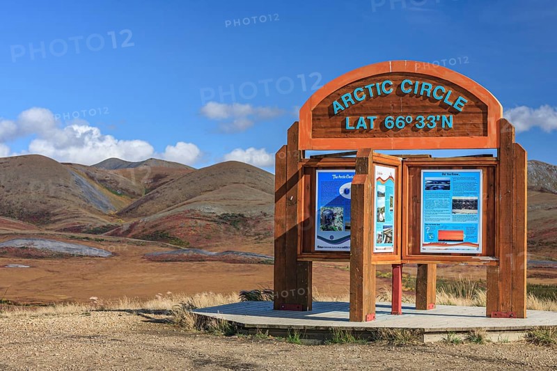 Sign, information board, Arctic Circle, autumn, sunny, Dempster Highway, Yukon, Canada, North America