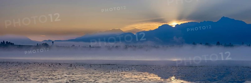 Sunrise at Lake Hopfensee near Füssen, behind Hopfen am See, the Tegelberg massif and the Säuling, Ostallgäu, Allgäu, Upper Swabia, Swabia, Bavaria, Germany, Europe