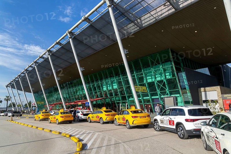 Taxis outside terminal building Tirana International Airport Nënë Tereza, Mother Theresa Rinas Airport, Tirana, Albania, Europe