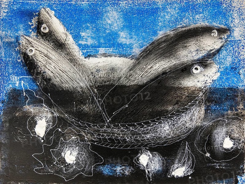 Four fish, 2023, mixed media on canvas, exhibition Miquel Barcelo, Vida y Muerte, Museum Kueppersmuehle, Duisburg, Germany- Editorial use only