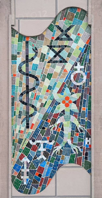 Modern mosaic picture with an Eskolab staff on the façade of a pharmacy, Bad Kissingen, Lower Franconia Bavaria, Germany, Europe