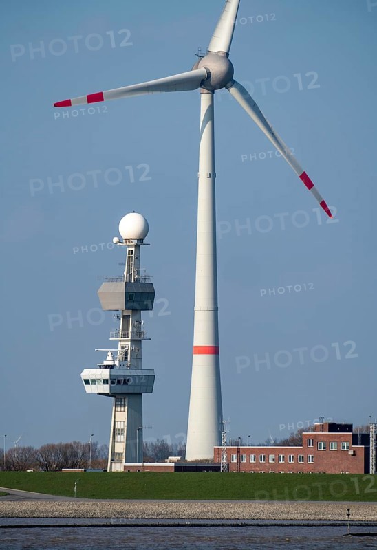 Ems traffic centre, a facility of the German-Dutch Ems traffic safety system, monitors shipping traffic in the Ems estuary, radar tower, lighthouse, wind turbine, Lower Saxony, Germany, Europe