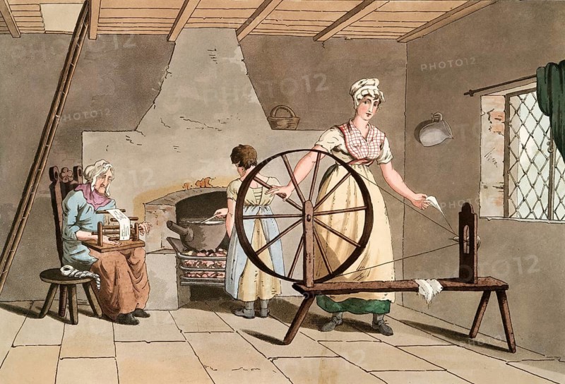 Scene from everyday life in England around 1810, woman at the spinning wheel