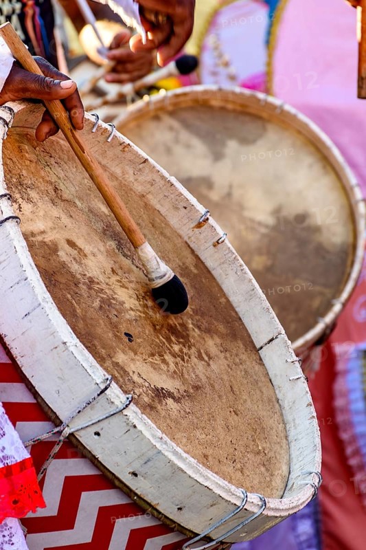 Rustic and colorful wooden drums at an Afro-Brazilian cultural event on the streets of Brazil, Belo Horizonte, Minas Gerais, Brazil, South America