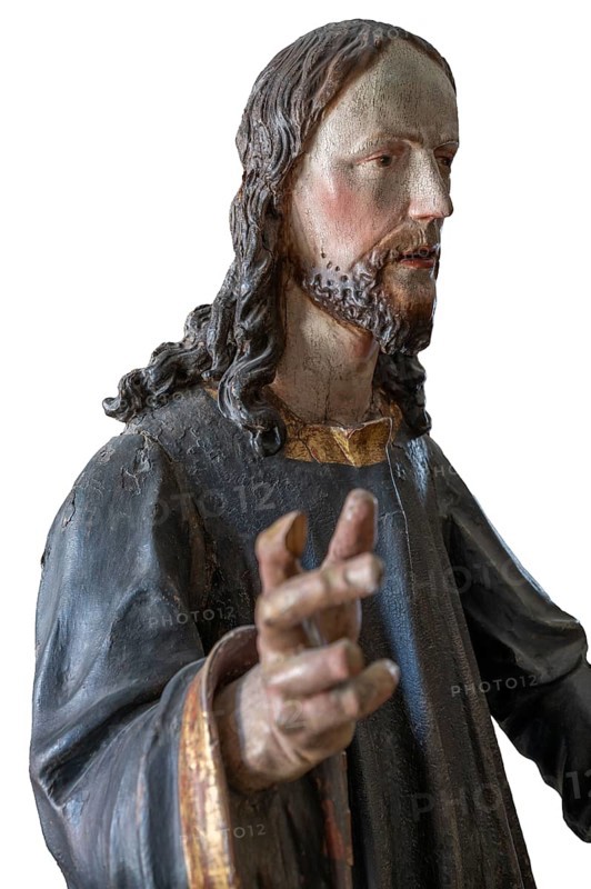 Christ on the palm donkey, detail, wooden figure from around 1880, on a white background, Dominican convent in Wettenhausen, Swabia, Bavaria, Germany, Europe