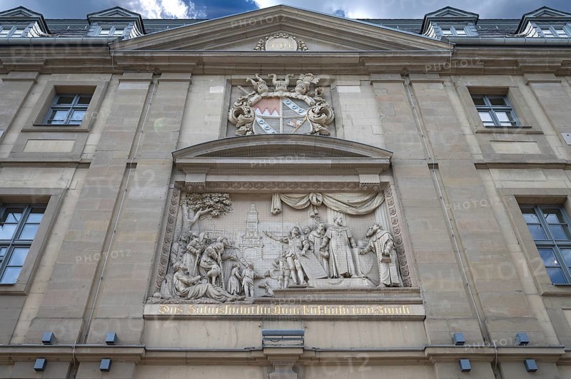 Relief and coat of arms on the main façade of the Juliusspital, opened in 1580, Würzburg, Lower Franconia, Bavaria, Germany, Europe