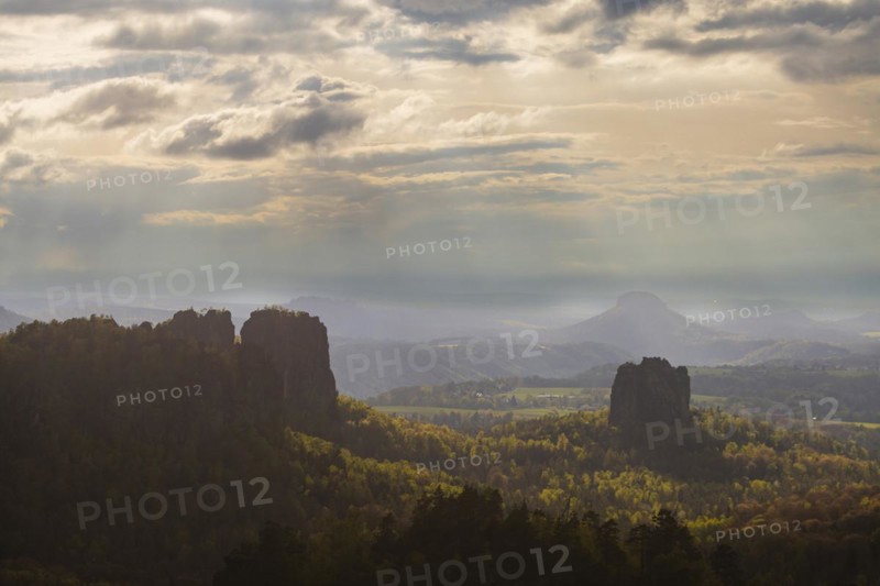View of the Schrammstein chain, the Falkenstein and the Lilienstein from the Carolafelsen, Bad Schandau, Saxony, Germany, Europe